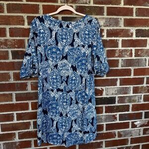 Lilly Pulitzer Dress S, Blue White Turtle Print, 3/4 Sleeve Preston deep indigo